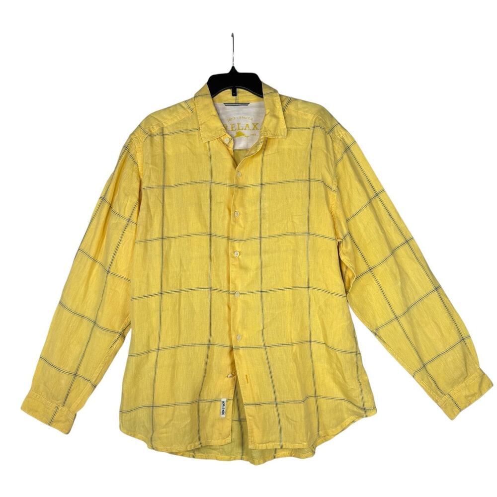 Tommy Bahama Relax Men Large Yellow checked 100% linen Button down Casual Shirts - Picture 5 of 14